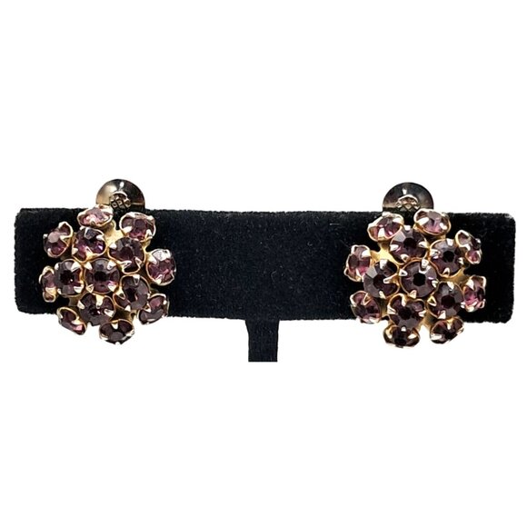 Vintage Purple Rhinestone Earr Gold-Tone Clip-On Earrings With Purple Rhinestone - Picture 2 of 8